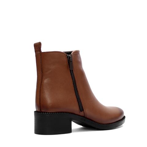 Kadın Ceviz Çift Fermuarlı Kalın Topuklu Deri Bot