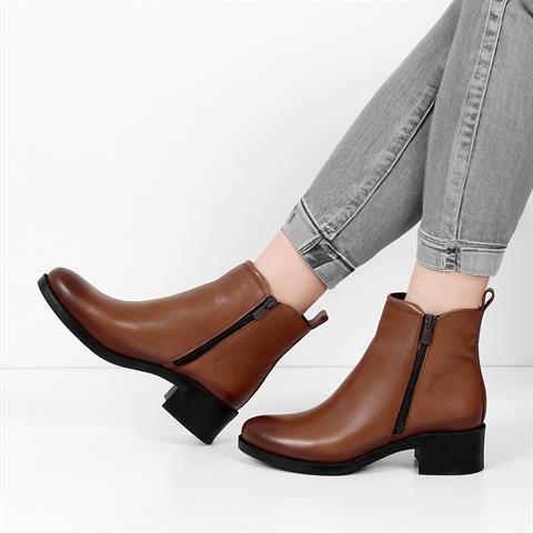 Kadın Ceviz Çift Fermuarlı Kalın Topuklu Deri Bot