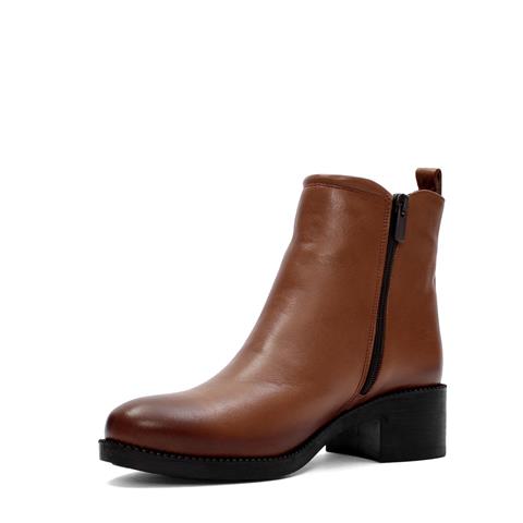 Kadın Ceviz Çift Fermuarlı Kalın Topuklu Deri Bot