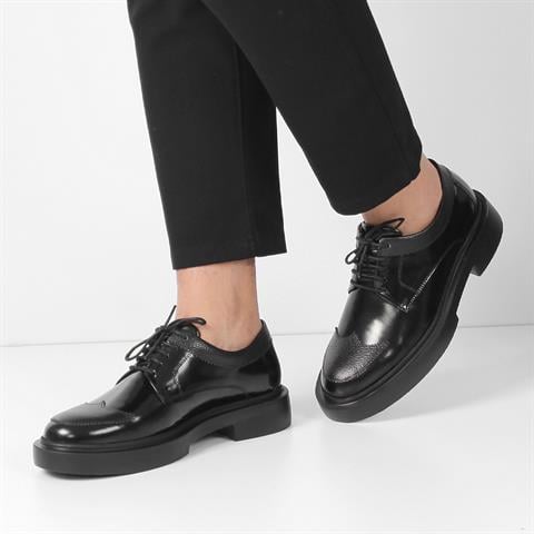 Erkek Siyah Bağcıklı Kalın Tabanlı Açma Deri Günlük Ayakkabı