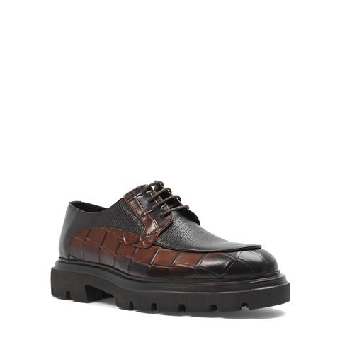 Erkek Kahverengi Bağcıklı Kalın Tabanlı Kroko Deri Günlük Ayakkabı