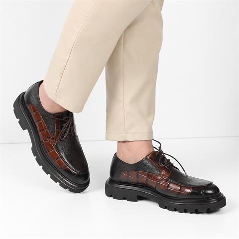 Erkek Kahverengi Bağcıklı Kalın Tabanlı Kroko Deri Günlük Ayakkabı