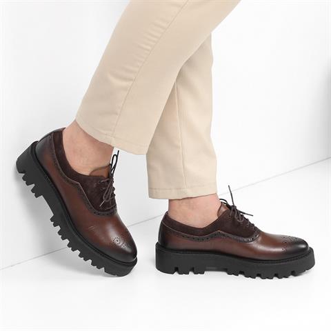Erkek Kahverengi Bağcıklı Kalın Tabanlı Deri Günlük Ayakkabı