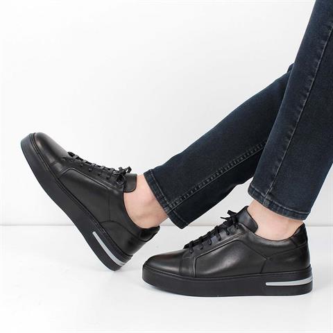 Erkek Siyah Bağcıklı Kalın Tabanlı Deri Sneaker