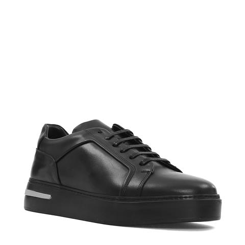 Erkek Siyah Bağcıklı Kalın Tabanlı Deri Sneaker