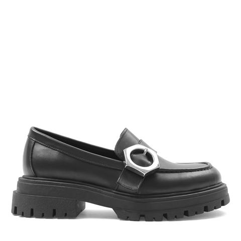 Kadın Siyah Tokalı Deri Loafer