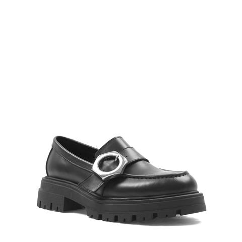 Kadın Siyah Tokalı Deri Loafer