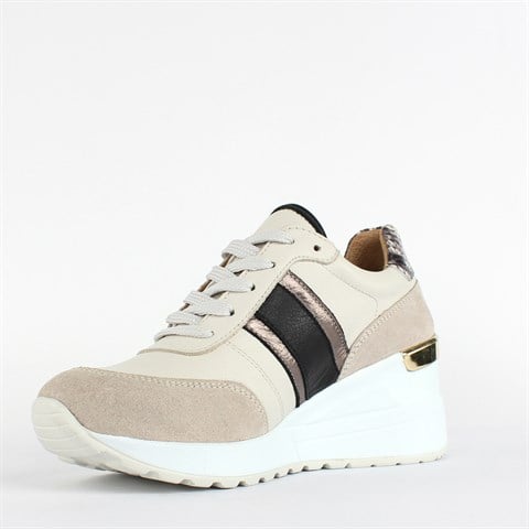 Kadın Bej Bağcıklı Kalın Tabanlı Deri Sneaker