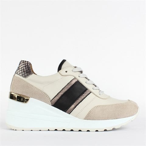 Kadın Bej Bağcıklı Kalın Tabanlı Deri Sneaker