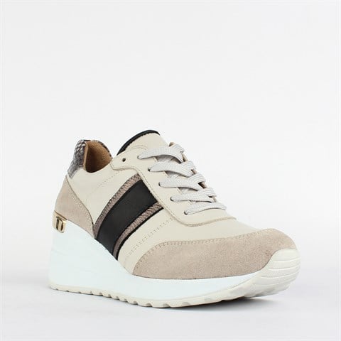 Kadın Bej Bağcıklı Kalın Tabanlı Deri Sneaker