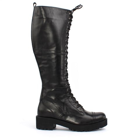 Kadın Siyah Bağcıklı Fermuarlı Deri Çizme
