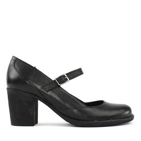 Kadın Siyah Bilekten Bantlı Deri Klasik Ayakkabı