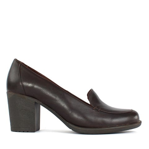 Kadın Kahverengi Kalın Topuklu Deri Klasik Ayakkabı