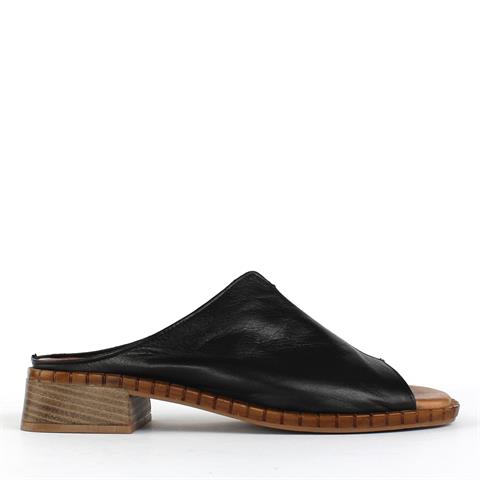 Kadın Siyah Önü Açık Topuklu Deri Terlik