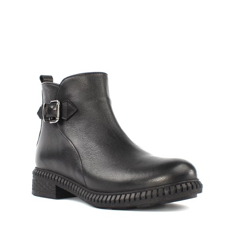 Kadın Siyah Fermuarlı Toka Detaylı Deri Bot