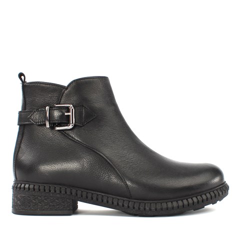 Kadın Siyah Fermuarlı Toka Detaylı Deri Bot