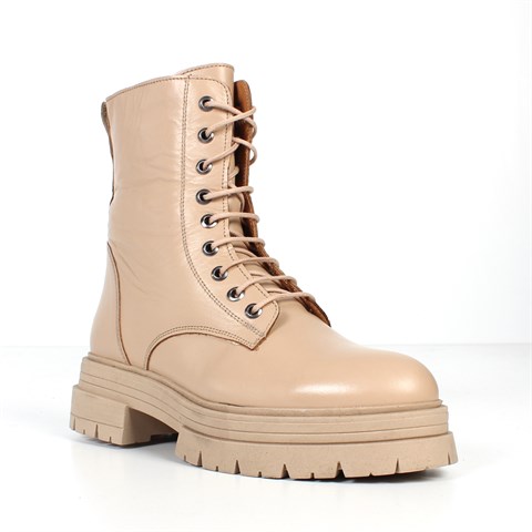 Kadın Bej Fermuarlı Kalın Tabanlı Deri Postal Bot