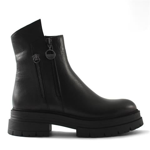 Kadın Siyah Fermuarlı Kalın Topuklu Deri Bot