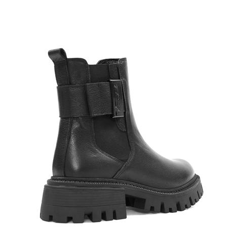 Kadın Siyah Fermuarlı Kalın Tabanlı Deri Bot