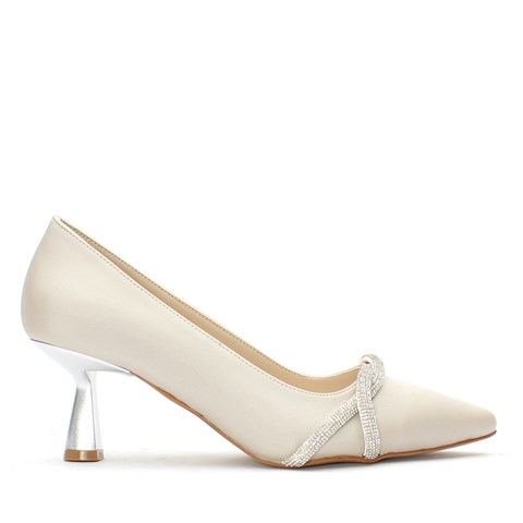 Kadın Bej Taşlı Kısa Topuklu Saten Abiye Ayakkabı