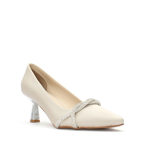 Kadın Bej Taşlı Kısa Topuklu Saten Abiye Ayakkabı