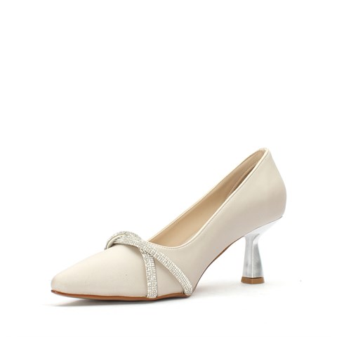 Kadın Bej Taşlı Kısa Topuklu Saten Abiye Ayakkabı