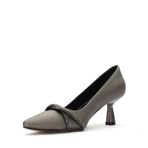 Kadın Gri Taşlı Kısa Topuklu Saten Abiye Ayakkabı