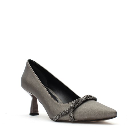 Kadın Gri Taşlı Kısa Topuklu Saten Abiye Ayakkabı