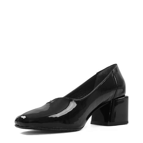 Kadın Siyah Kısa Kalın Topuklu Rugan Deri Klasik Ayakkabı