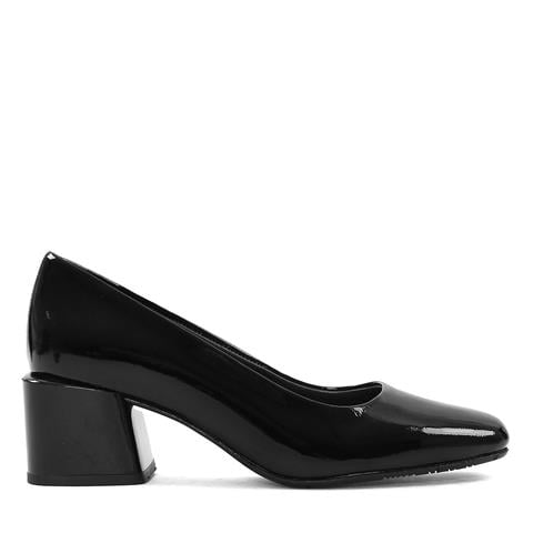 Kadın Siyah Kalın Topuklu Rugan Deri Klasik Ayakkabı