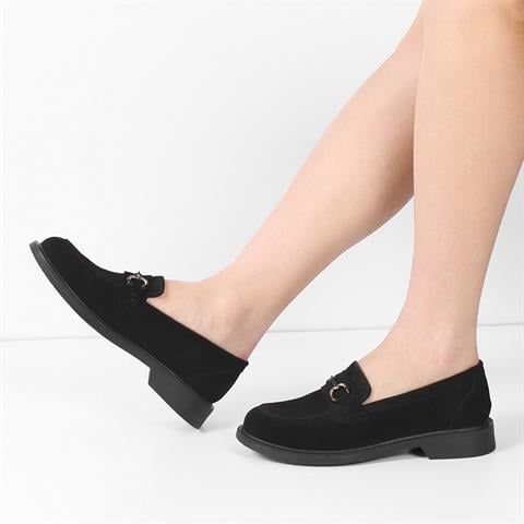 Kadın Siyah Tokalı Süet Deri Loafer