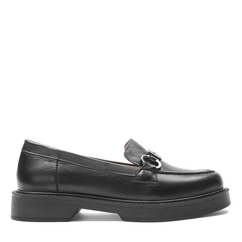 Kadın Siyah Tokalı Kalın Tabanlı Deri Loafer