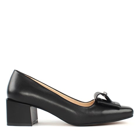 Kadın Siyah Tokalı Topuklu Deri Klasik Ayakkabı