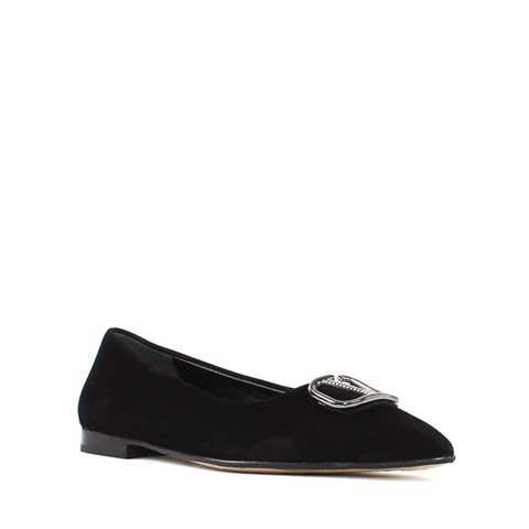 Kadın Siyah Tokalı Sivri Burun Süet Deri Babet