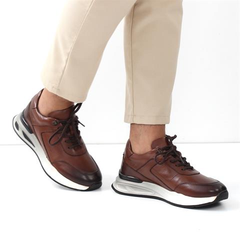 Erkek Kahverengi Bağcıklı Kalın Tabanlı Deri Sneaker