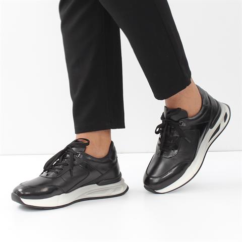 Erkek Siyah Bağcıklı Kalın Tabanlı Deri Sneaker