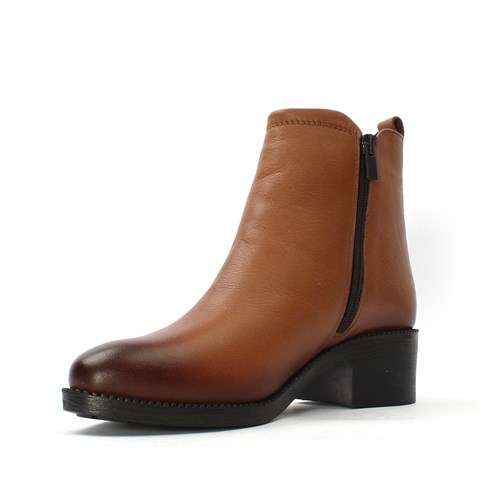 Kadın Taba Çift Fermuarlı Kalın Topuklu Deri Bot