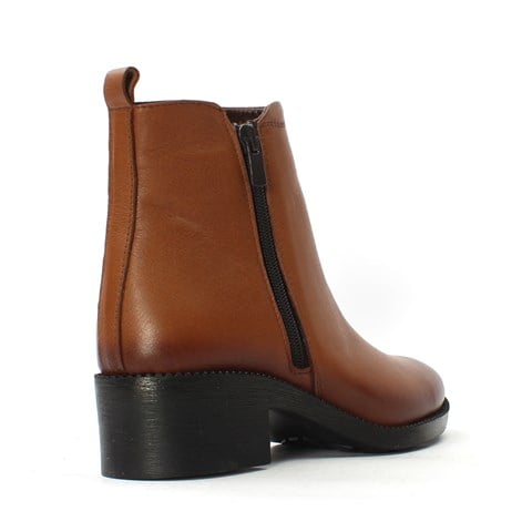 Kadın Taba Çift Fermuarlı Kalın Topuklu Deri Bot