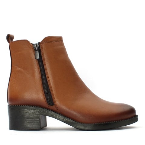 Kadın Taba Çift Fermuarlı Kalın Topuklu Deri Bot