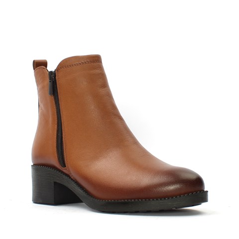 Kadın Taba Çift Fermuarlı Kalın Topuklu Deri Bot