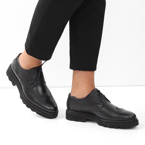 Erkek Siyah Bağcıklı Kalın Tabanlı Deri Günlük Ayakkabı