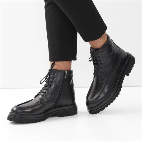 Erkek Siyah Bağcıklı Fermuarlı Deri Bot