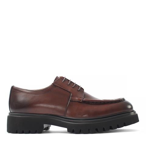 Erkek Kahverengi Bağcıklı Kalın Tabanlı Deri Günlük Ayakkabı