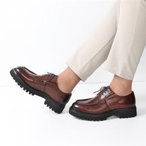 Erkek Kahverengi Bağcıklı Kalın Tabanlı Deri Günlük Ayakkabı