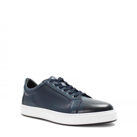 Erkek Lacivert Bağcıklı Kalın Tabanlı Deri Sneaker