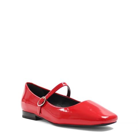 Kadın Kırmızı Bantlı Küt Burun Rugan Deri Babet