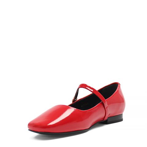 Kadın Kırmızı Bantlı Küt Burun Rugan Deri Babet