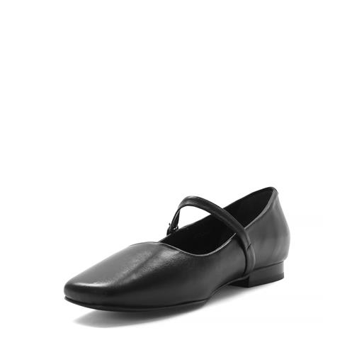 Kadın Siyah Bantlı Küt Burun Deri Babet