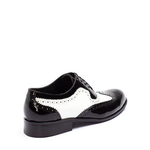 Erkek Siyah Beyaz Bağcıklı Rugan Deri Klasik Ayakkabı