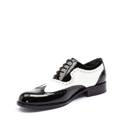 Erkek Siyah Beyaz Bağcıklı Rugan Deri Klasik Ayakkabı